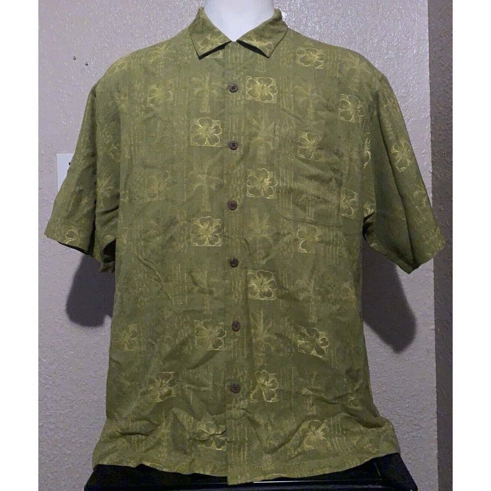 Tommy Bahama Men's Size XL 100% Silk Green Floral Hibiscus Hawaiian Camp Shirt